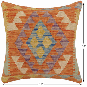 handmade Traditional Pillow Orange Blue Hand-Woven SQUARE 100% WOOL  Hand woven turkish pillow  2 x 2